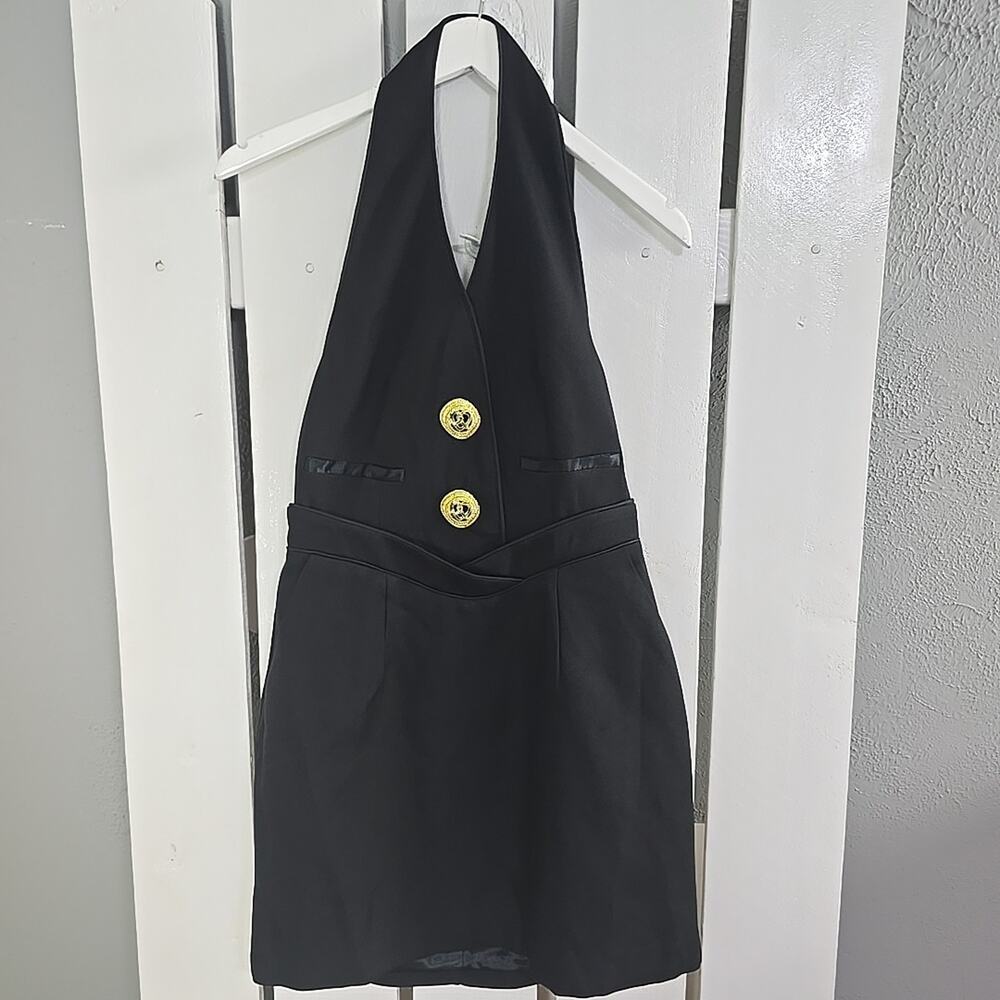 Commense Black Halter Mini Dress with Gold Accents - Picture 2 of 11